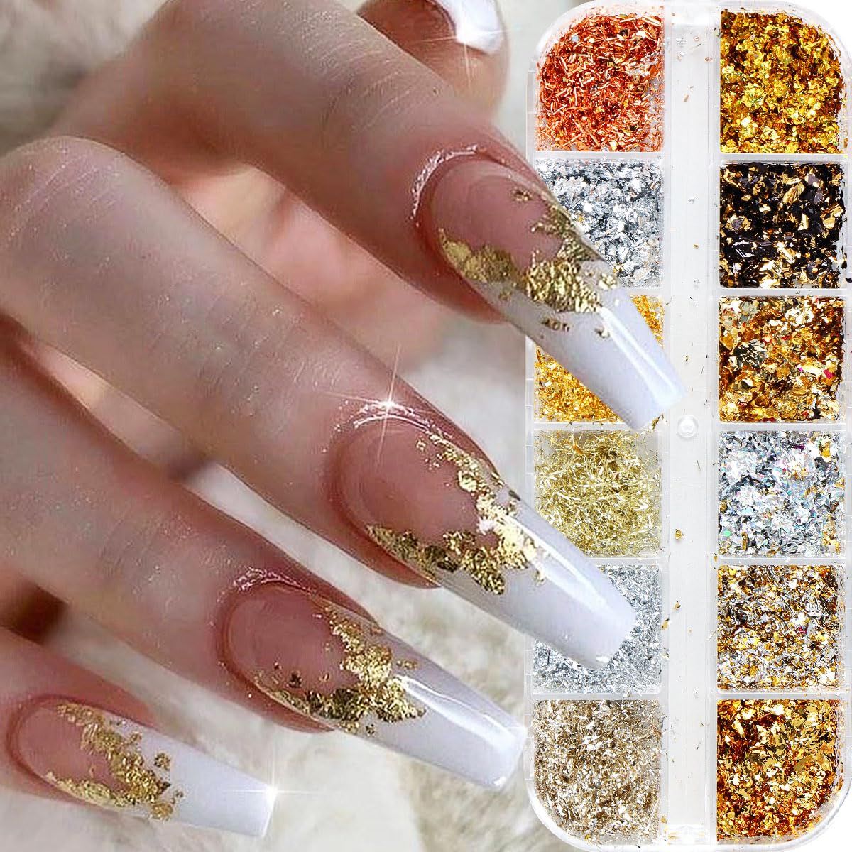 Holographic Nail Glitter Gold Foils for Kit, 12 Grids Sparkly Ultra-Thin Aluminum Foil Nail Art Flakes Designs, Glitter Design Gold Foil Fragments and Irregular Gold Flakes for Nail Sequins Decoration