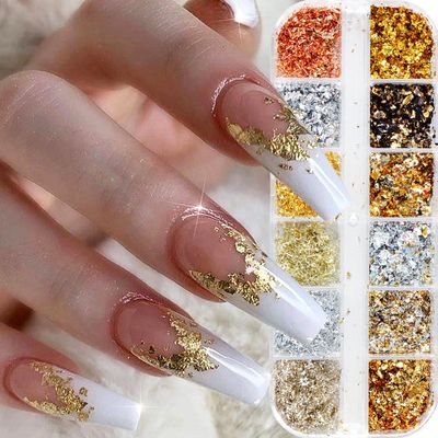 Holographic Nail Glitter Gold Foils for Kit, 12 Grids Sparkly Ultra-Thin Aluminum Foil Nail Art Flakes Designs, Glitter Design Gold Foil Fragments and Irregular Gold Flakes for Nail Sequins Decoration