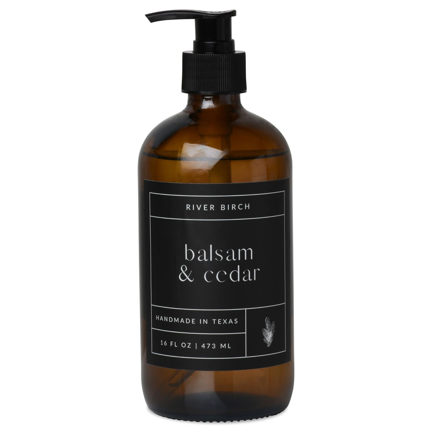 River Birch Balsam &amp; Cedar Scented Natural Hand Soap -Handmade -Moisturizing Hand Wash with Amber Glass Dispenser - Luxury Scented Hydrating Hand Soap - Vegan and Non-Toxic -16 Fl Oz