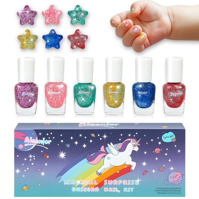 Aieenjor Quick Dry Kids Nail Polish Set, Glitter Non-Toxic Fingernail Polish for Toddler, Water-Based Peelable Nail Polish for Kids, 6 Color Rainbow for Kid Ages 3