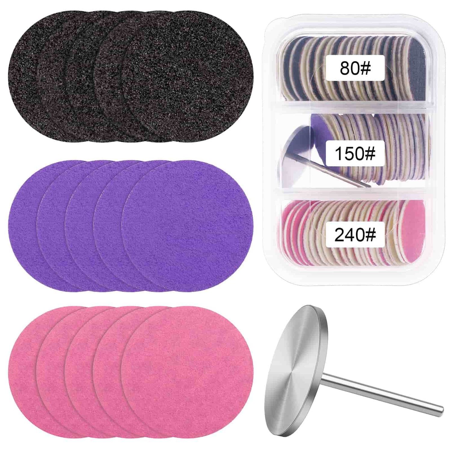Difenni Sanding Paper Discs with Metal Nail Drill Bit Foot Sandpaper Discs 25mm Foot File Sandpaper Discs 80150240 Grits for Manicure Pedicure