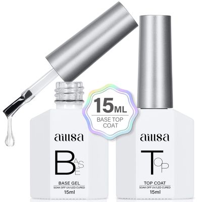 AILLSA Base and Top Coat Gel Polish - Soak Off, Long Lasting, Clear Base, High Gloss Shine, No Wipe Top Coat for DIY Nail Art at Home - 0.51 Fl Oz