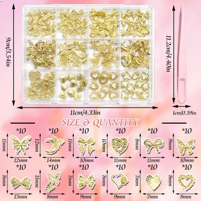 BELICEY 120 Pcs 3D Gold Nail Charms, 12Styles Alloy Bow Heart Butterfly Nail Art Charms, Metal Bowknot Charms for Acrylic Nails, Shiny Nail Bows Hearts Jewelry for Nails Design Manicure Crafts