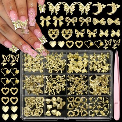 BELICEY 120 Pcs 3D Gold Nail Charms, 12Styles Alloy Bow Heart Butterfly Nail Art Charms, Metal Bowknot Charms for Acrylic Nails, Shiny Nail Bows Hearts Jewelry for Nails Design Manicure Crafts