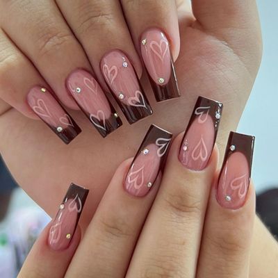 Valentines Day Press on Nails Medium Length Square Fake Nails with Rhinestones &amp; Heart Designs Brown French Tip Nails Press ons Glossy Glue on Nails Full Cover stick on nails for Women 24Pcs