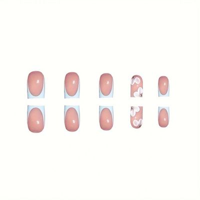 24 Pcs Spring Press on Nails Short Square,YIHONGYAN Pink Flowers Design Fake Nails Press ons Blue French Nail Tip Acrylic Kit Glue on Nails Full Cover False Nails Glossy Stick on Nails for Woman