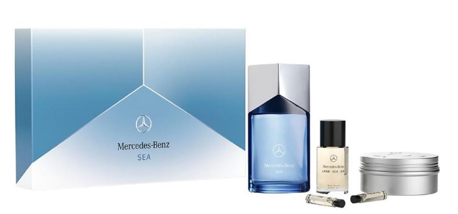 Mercedes-Benz Sea LSA Giftset - Mens Cologne Gift Set - 3 Colognes for Men, Hair Oil, Solid Shower Gel Body Wash - Grooming Essentials - 5 Pc
