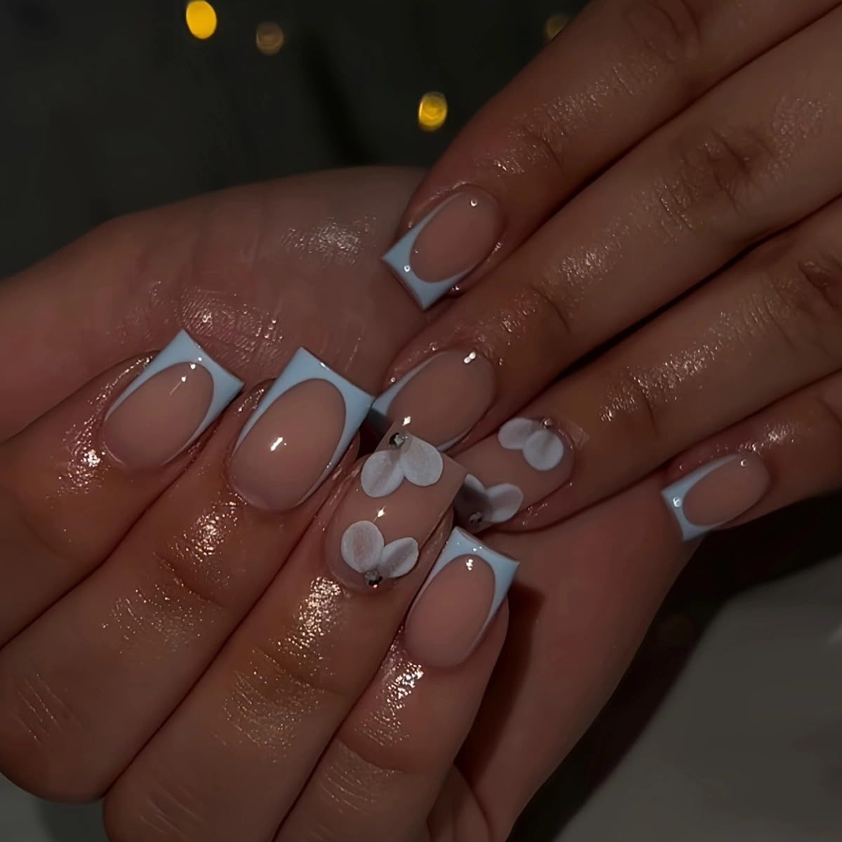 24 Pcs Spring Press on Nails Short Square,YIHONGYAN Pink Flowers Design Fake Nails Press ons Blue French Nail Tip Acrylic Kit Glue on Nails Full Cover False Nails Glossy Stick on Nails for Woman