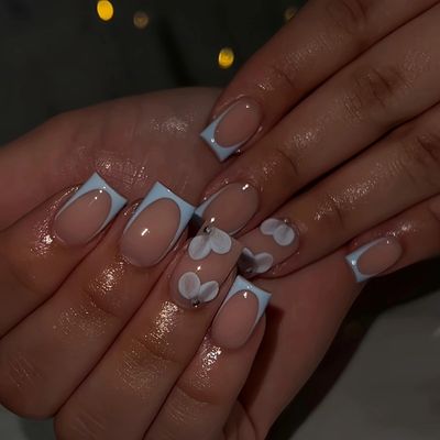 24 Pcs Spring Press on Nails Short Square,YIHONGYAN Pink Flowers Design Fake Nails Press ons Blue French Nail Tip Acrylic Kit Glue on Nails Full Cover False Nails Glossy Stick on Nails for Woman