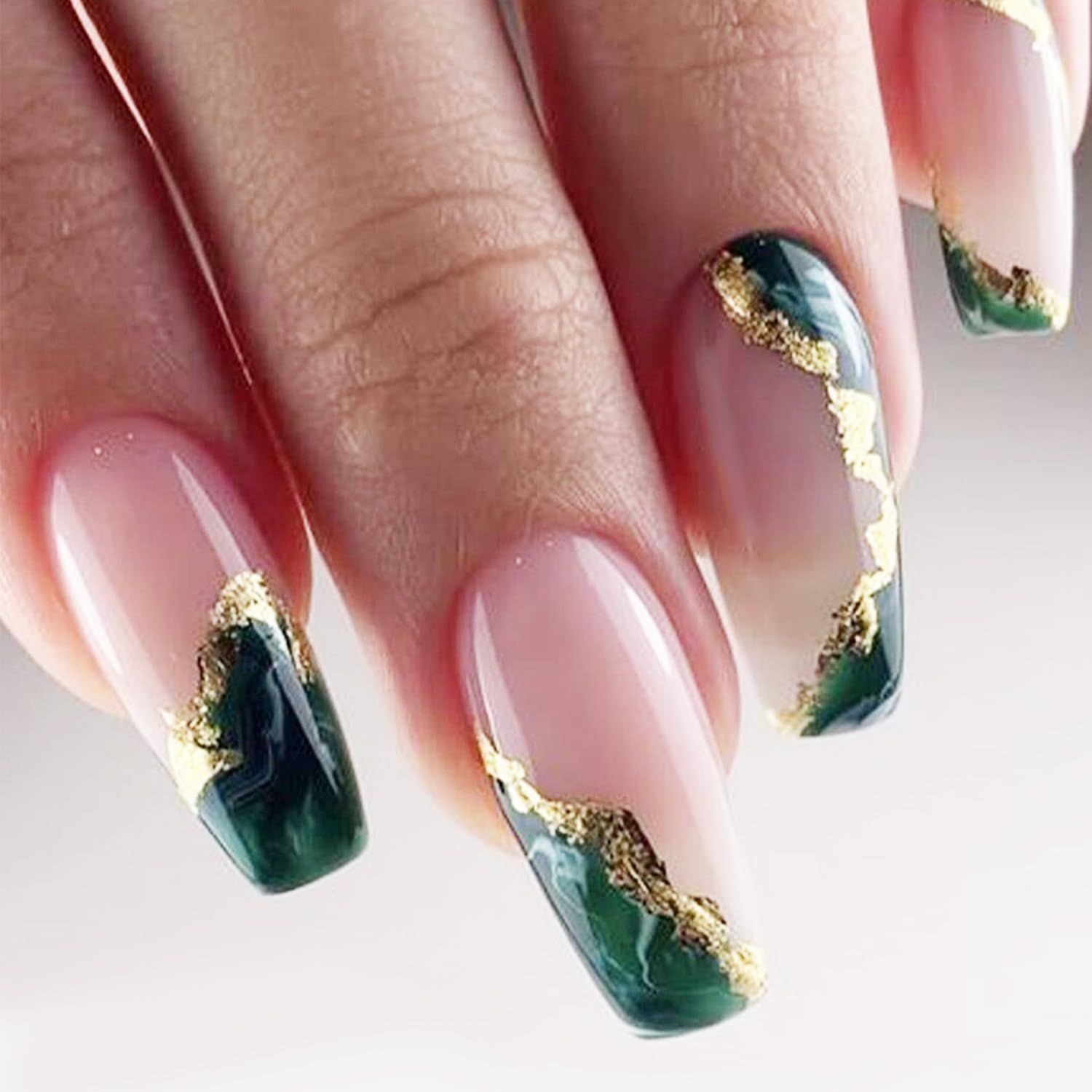 Dark Green Press On Nails - Medium Marble False Nails with Glitter Designs, Glossy Gold Foil, Coffin Shape, Reusable Acrylic, Full Cover Artificial Nails, Glue On, 24pcs
