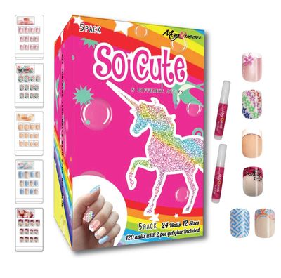 MayQueen 120 PCS 5 Pack Children Artificial Fake Nails With Two Glues Full Cover False Nail Kits for Kids (So Cute)