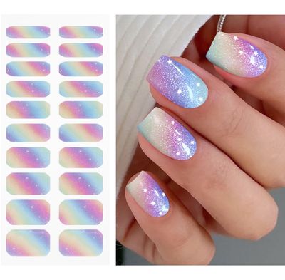 JMEOWIO Gel Nail Stickers Rainbow Glitter Semi Cured Gel Nail Strips Wraps UV/LED Nails Art Design Decoration Accessories