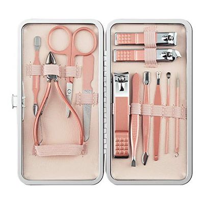 leiwo Manicure Set,Pedicure Kit Nail Scissors Stainless Steel Professional Toenails Cuticle Cutter Clipper Fingernails Grooming Kit with Pink Leather Travel Case (12pcs Pink)