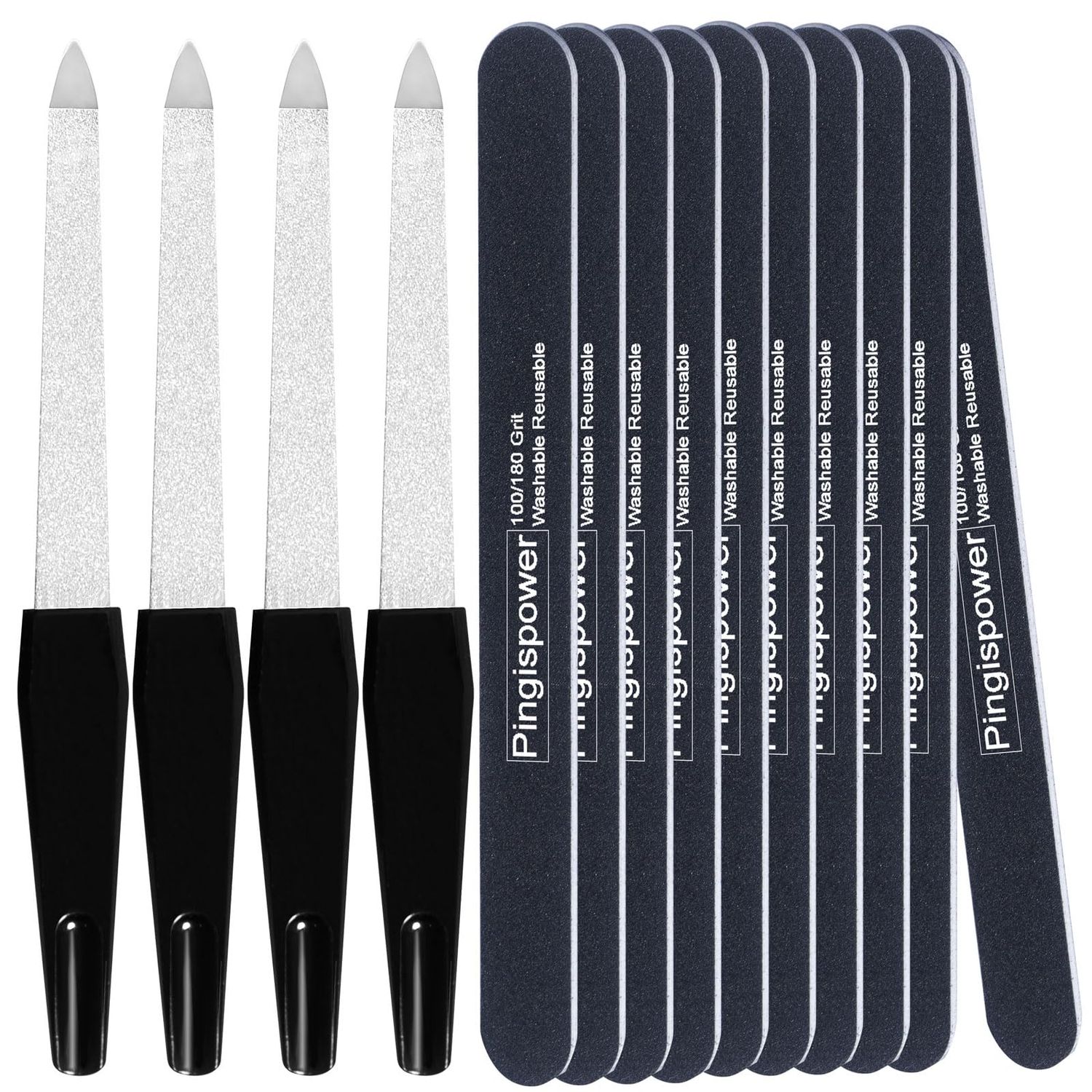 Pingispower 14PCS Nail File Set - 4 Stainless Steel 10 Korean Emery Board Nail Files (100/180 Grit), Double Sided, Washable &amp; Reusable, Portable, Professional Manicure Tools for Home, Salon &amp; Travel