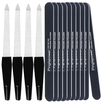 Pingispower 14PCS Nail File Set - 4 Stainless Steel 10 Korean Emery Board Nail Files (100/180 Grit), Double Sided, Washable &amp; Reusable, Portable, Professional Manicure Tools for Home, Salon &amp; Travel