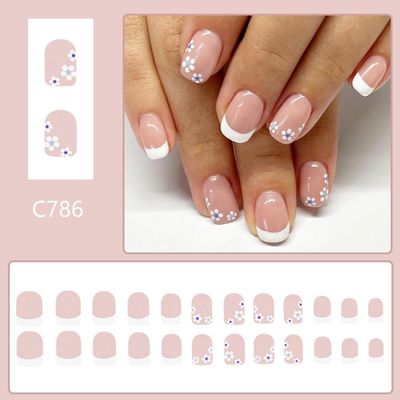 White French tips Press on Nails Short Square Fake Nails with Design White Flower Glue on Nails Nude Stick on Nails Glossy Spring Nails Reusable Summer False Nails for Women Girls Manicure 24pcs
