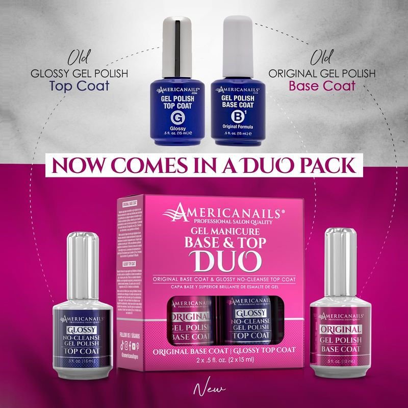 Americanails Gel Polish Base Coat &amp; Top Coat Duo - Professional Salon Quality, Original Dual Cure Formula for Maximum Adhesion &amp; Long Lasting Glossy Finish, Soak Off UV LED Fast Drying Gel (.5 oz)