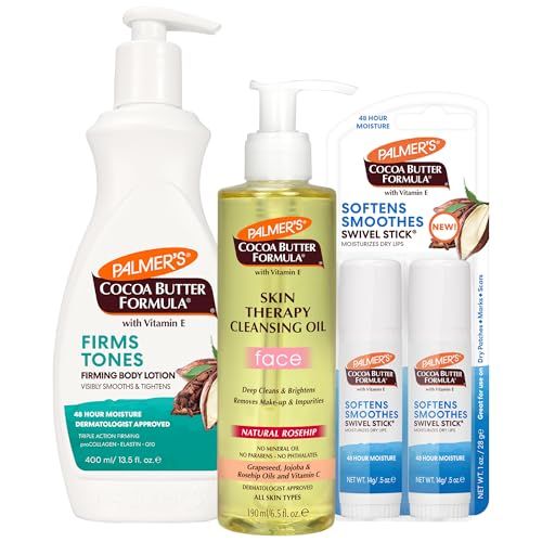 Nina Pools Top Palmers Picks (Set of 3): Skin Firming Cocoa Butter Body Lotion (13.5 oz), Skin Therapy Cleansing Facial Oil (6.5 fl. oz) &amp; Moisturizing Swivel Lip Balm Stick (2 x 0.5 oz)