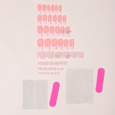 White French Press on Nails Medium & Press on Toenails Set - Square Fake Nails Press ons Nail Art Tips Glue on Nails Full Cover Short False Toe Nails with Butterfly Charms Design Acrylic Nail Kit