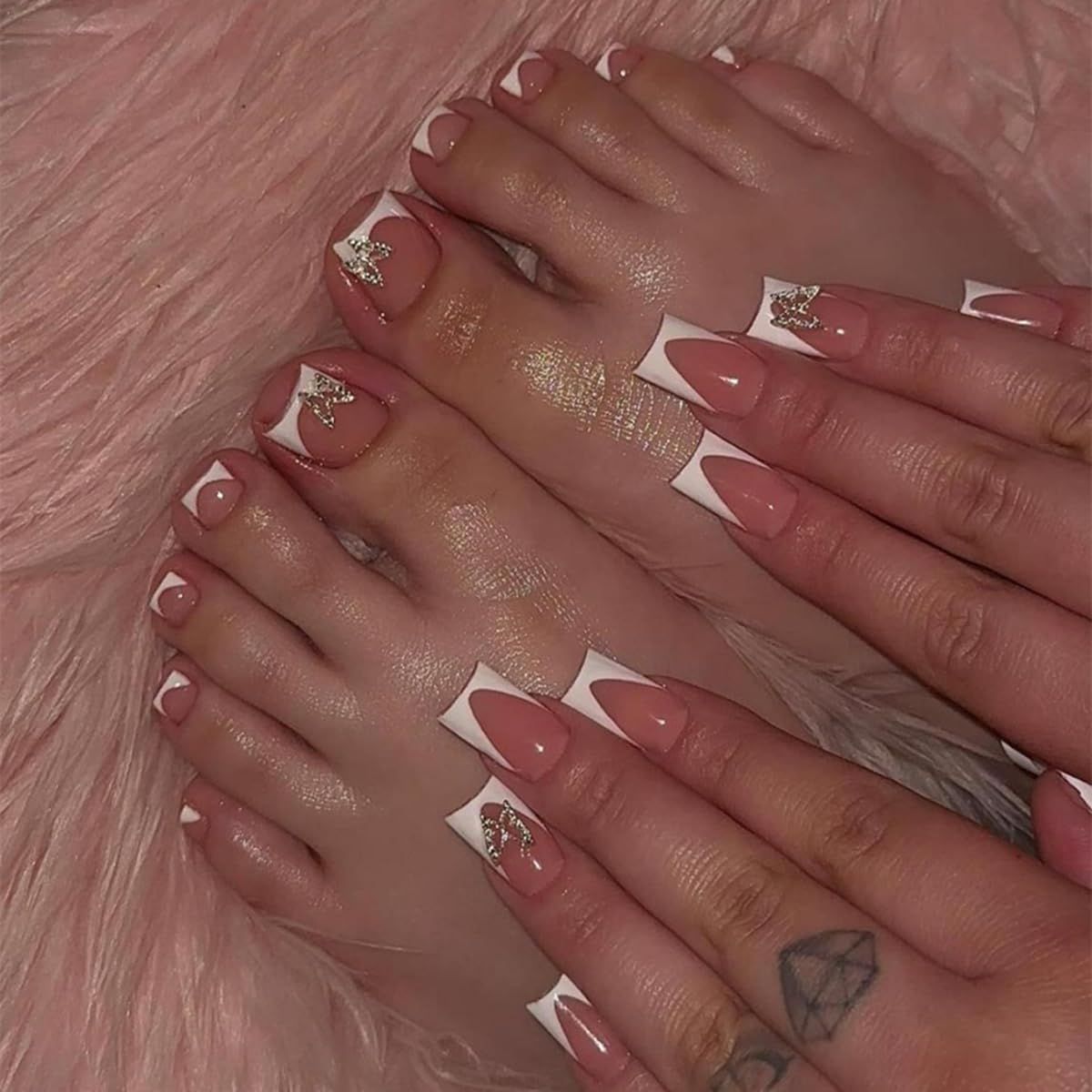 White French Press on Nails Medium &amp; Press on Toenails Set - Square Fake Nails Press ons Nail Art Tips Glue on Nails Full Cover Short False Toe Nails with Butterfly Charms Design Acrylic Nail Kit