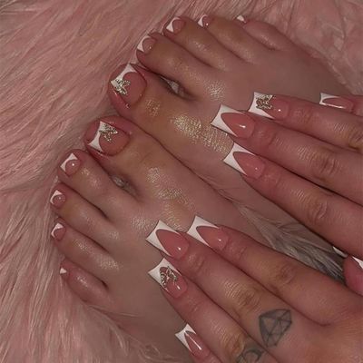 White French Press on Nails Medium &amp; Press on Toenails Set - Square Fake Nails Press ons Nail Art Tips Glue on Nails Full Cover Short False Toe Nails with Butterfly Charms Design Acrylic Nail Kit