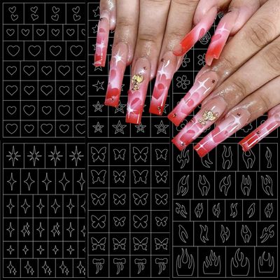 LRKNNO 6 Sheets Airbrush Nail Stencils Heart Butterfly Flowers Flame Star Nail Art Stickers Paper French Nail Guides for Women Manicure DIY French Tip Tools Supplies