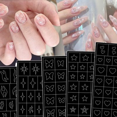 LRKNNO 6 Sheets Airbrush Nail Stencils Heart Butterfly Flowers Flame Star Nail Art Stickers Paper French Nail Guides for Women Manicure DIY French Tip Tools Supplies