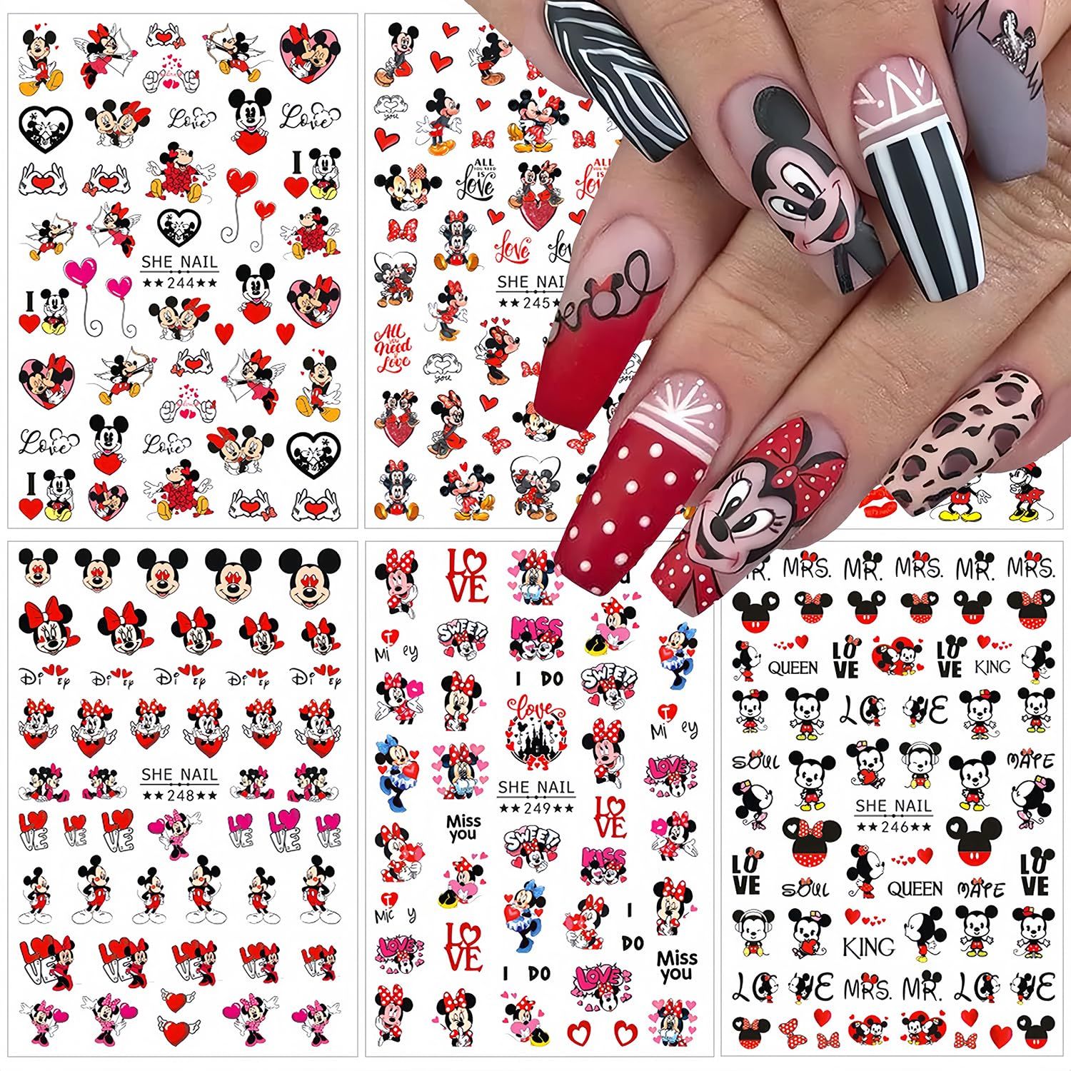 Cute Nail Art Stickers 6 Sheets - 3D Self Adhesive Cartoon Nail Decals for Valentines Day - Heart Kawaii Charms for Women Girls - Nail Decoration Supplies