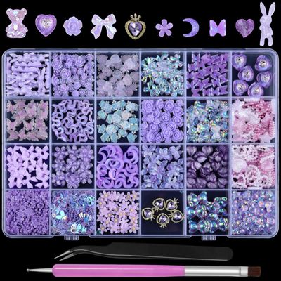 Sinyanail 3D Nail Charms Butterfly Bear Rose Flower Bow Snake Rabbit Animal Shaped Hollow Star Heart Pearls Jewelry for Nail Art Design DIY Crafts Accessories(Purple)
