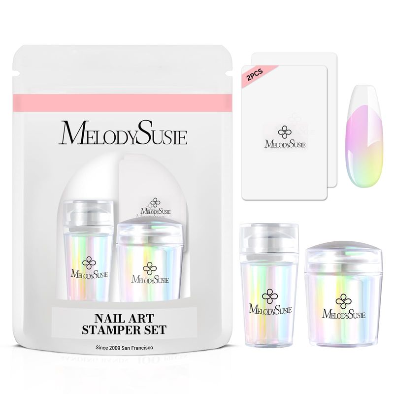 MelodySusie Nail Stamper Kit, 2 Sets Silicone French Tip Upgrade Stamp Tool, Long and Short Stampers with 2PCS Scrapers for French Manicure DIY Home Art Design Salon, Aurora