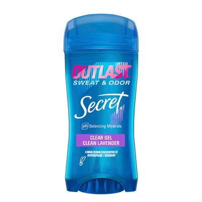 Secret Outlast Antiperspirant Deodorant for Women, 72hr Sweat &amp; Odor Protection, PH Balancing Minerals, Clear Gel, Clean Lavender Scent, 2.6 oz