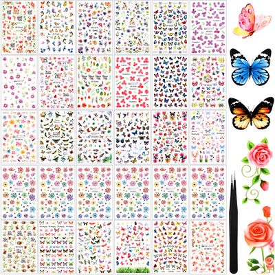 Above 2500 Pieces, 30 Sheets Butterfly Nail Stickers Adhesive Leaf Flower Butterfly Nail Stickers Colorful Butterfly Nail Decals with Tweezers for Women DIY Nail Decoration, 30 Styles