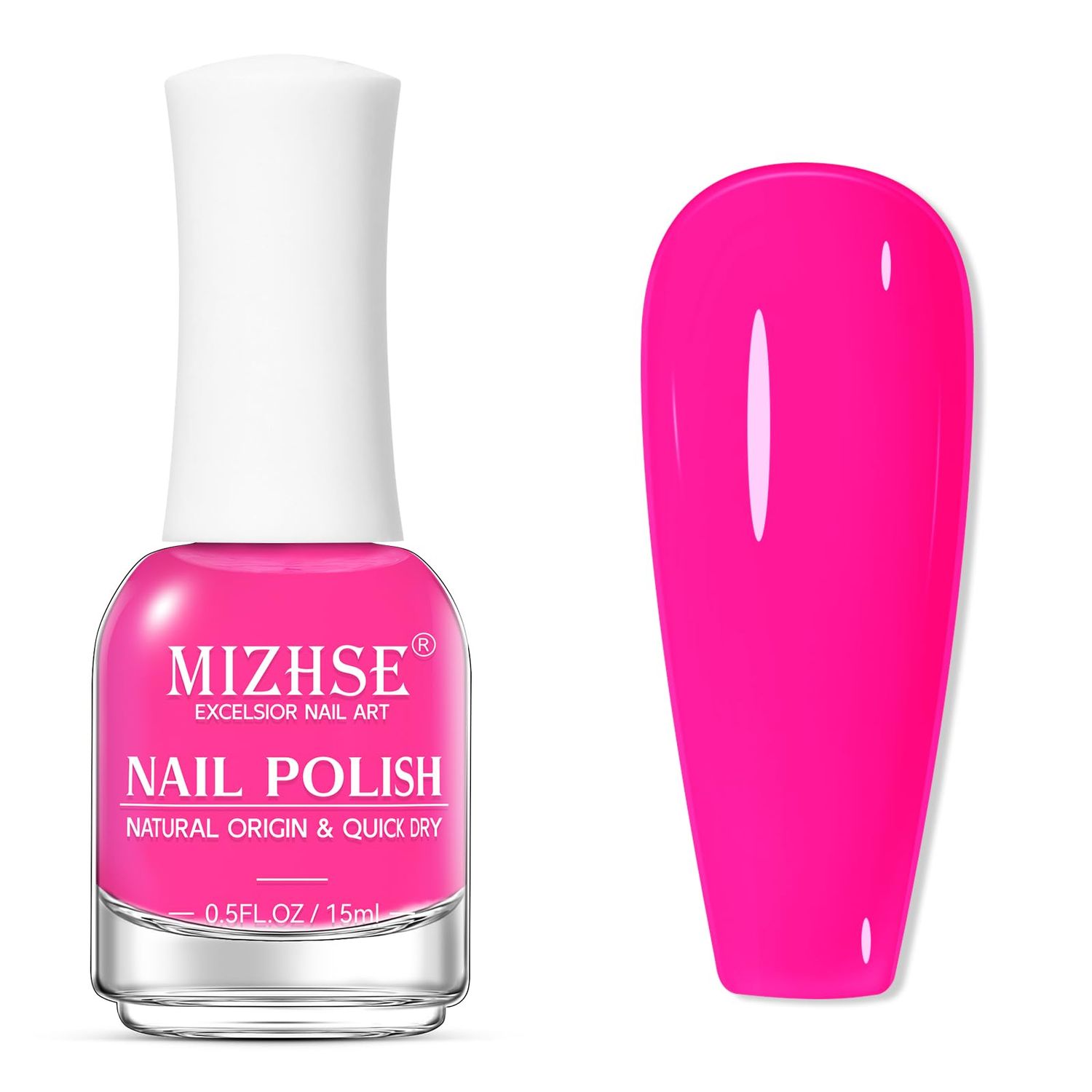MIZHSE Quick Dry Nail Polish, Hot Pink Non-Gel Air Drying Fast, 15 ml Regular Glossy Finish Rose Red Lacquer, Full Coverage Nail Art Manicure DIY Home