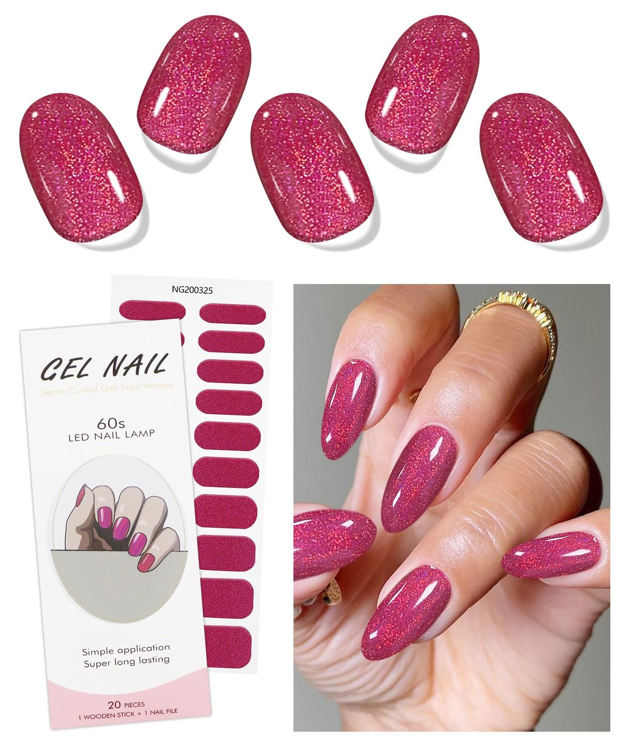 JMEOWIO Gel Nail Stickers Red Glitter Semi Cured Gel Nail Strips Wraps UV/LED Nail Supplies Nail Art Design Decoration Accessories