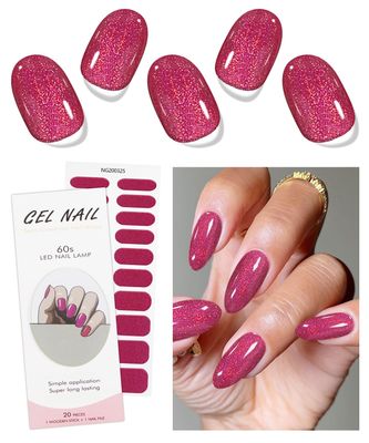 JMEOWIO Gel Nail Stickers Red Glitter Semi Cured Gel Nail Strips Wraps UV/LED Nail Supplies Nail Art Design Decoration Accessories