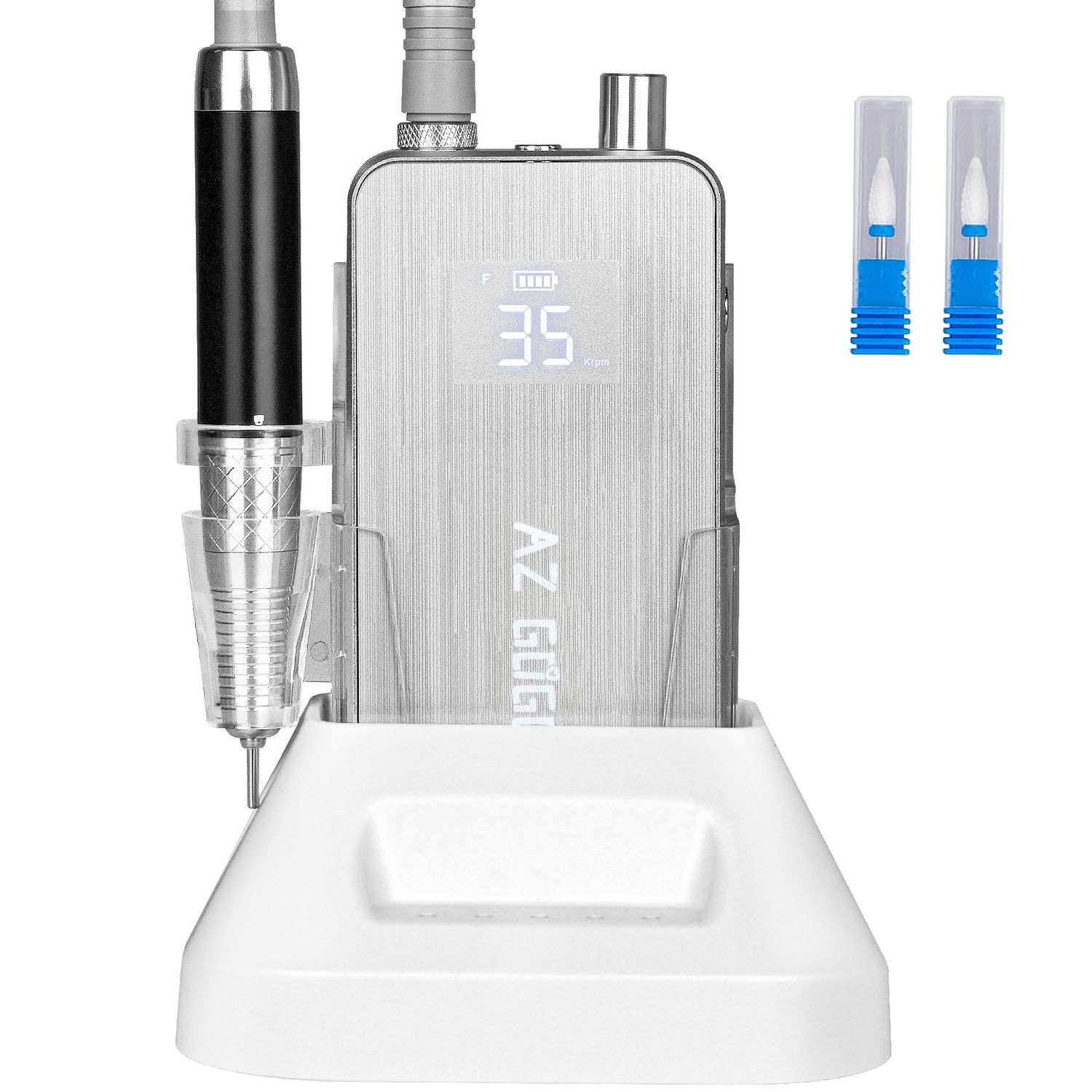 2-In-1 Professional Brushless Nail Drill, AZ GOGO 35000RPM Electric Cordless Nail File Rechargeable Portable Nail Drill Machine for Gel/Acrylic Nails 80W - Salon Level (Silver)