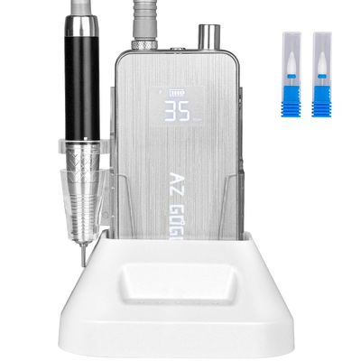 2-In-1 Professional Brushless Nail Drill, AZ GOGO 35000RPM Electric Cordless Nail File Rechargeable Portable Nail Drill Machine for Gel/Acrylic Nails 80W - Salon Level (Silver)