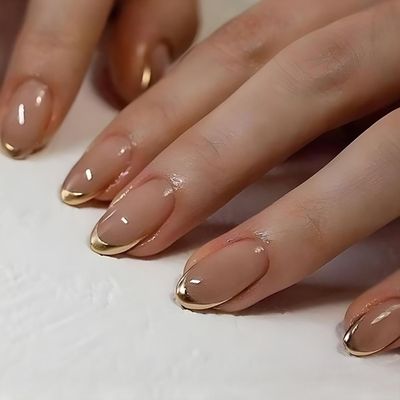 RIICFDD Almond Shape Press on Nails Medium Fake Nails with Pure Color Designs Stick on Nails Gold French Tip Nails Glue on Nails Full Cover Simple Style Acrylic Nails False Nails for Women 24 Pcs