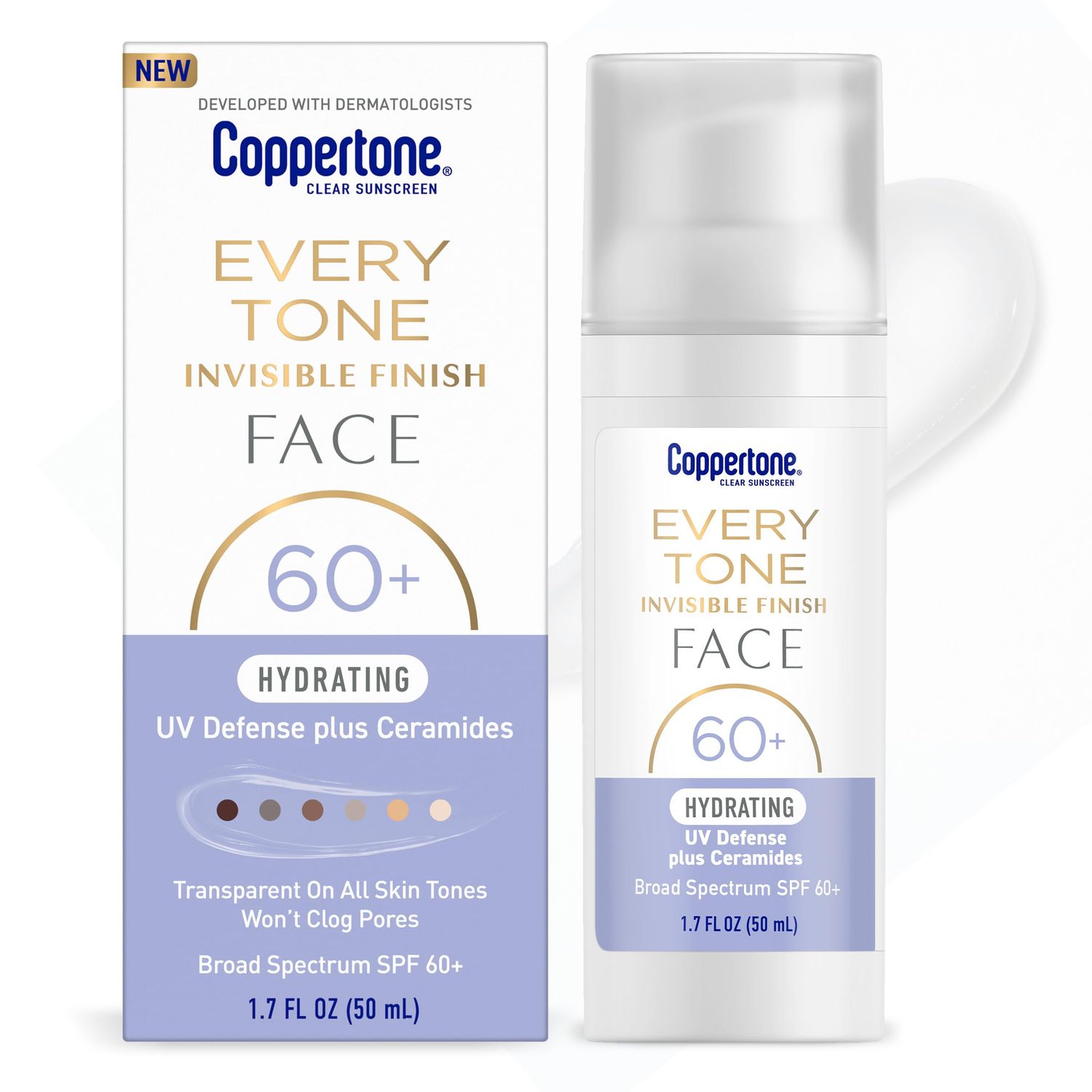Coppertone Every Tone Invisible Finish Hydrating UV Defense Face Sunscreen SPF 60 with Ceramides, Lightweight, Blends in Clear Sunscreen for All Skin Tones, 1.7 Fl Oz Pump Bottle