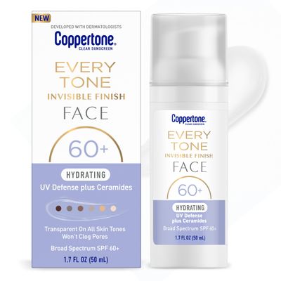 Coppertone Every Tone Invisible Finish Hydrating UV Defense Face Sunscreen SPF 60 with Ceramides, Lightweight, Blends in Clear Sunscreen for All Skin Tones, 1.7 Fl Oz Pump Bottle