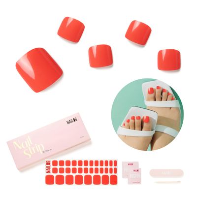Semi Cured Gel Nail Strips Toes - NAILOG 32 Pcs Red Gel Toe Nail Stickers Extra Long Pedicure Nail Strips with Glossy Gel Finishing for Summer, Watermelon Red