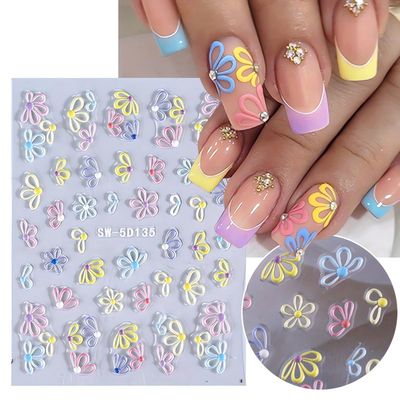 5D Flower Nail Art Stickers - Purple Pink Daisy &amp; Yellow Blossom Designs, Embossed, Summer &amp; Autumn Colors, 3pcs
