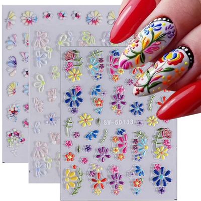5D Flower Nail Art Stickers - Purple Pink Daisy &amp; Yellow Blossom Designs, Embossed, Summer &amp; Autumn Colors, 3pcs