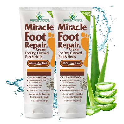 Miracle Foot Repair Cream (8 oz / 2-Pack) Repairs Dry Cracked Heels and Feet, 60 Pure UltraAloe Moisturizes, Softens, and Repairs