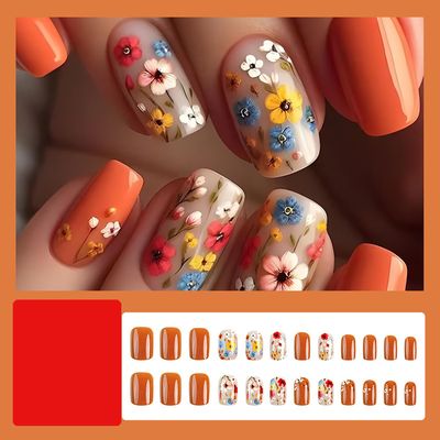 Flower Press On Nails Spring Fake Nails Press Ons Short Square Acrylic False Nails With Colorful Floral Design Glossy Glue On Nails Full Cover Stick On Nails For Women Nails Decorations