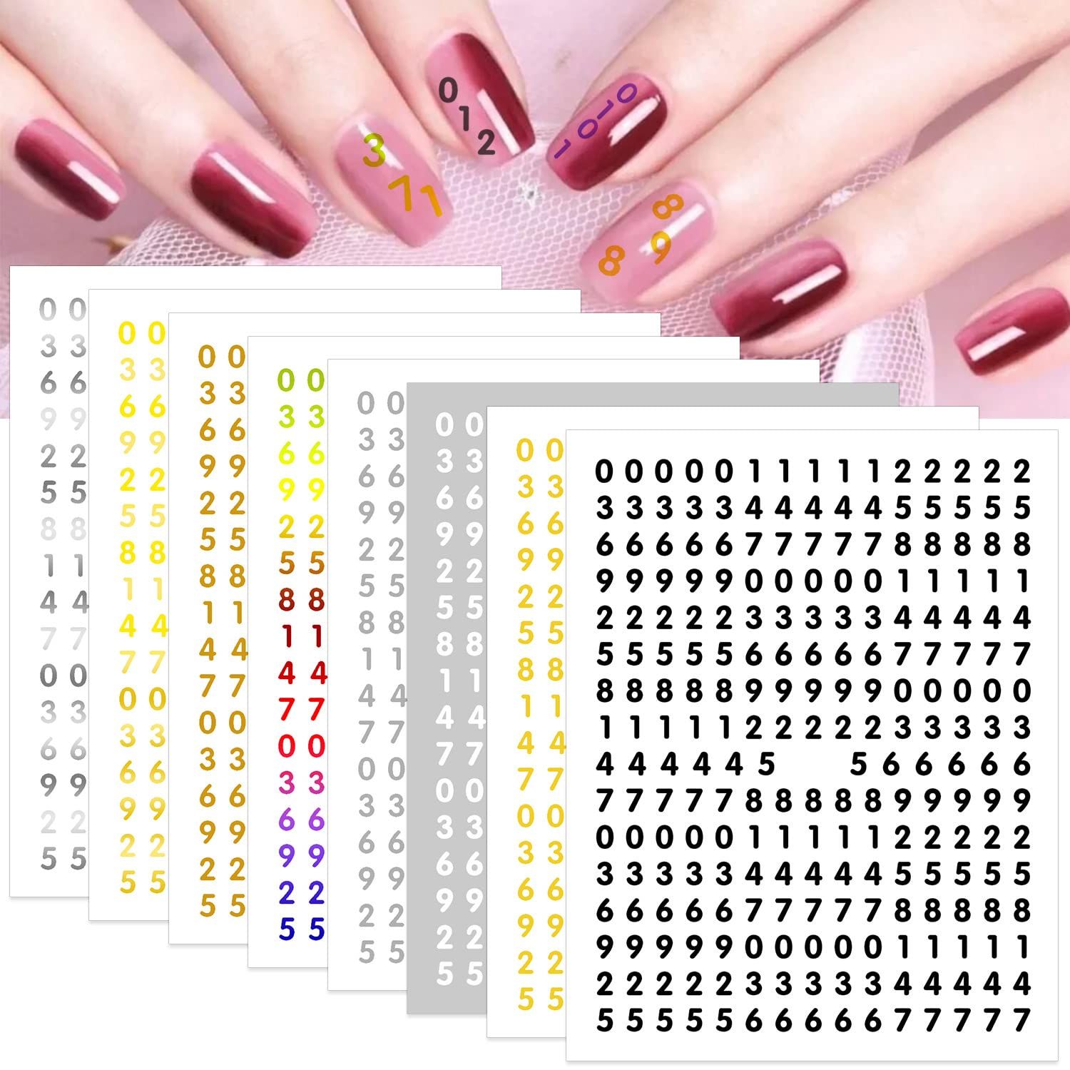 DANNEASY 8 Sheets Small Number Nail Art Stickers for Women Kids Girls - Self Adhesive 3D Nail Design Decals Decoration