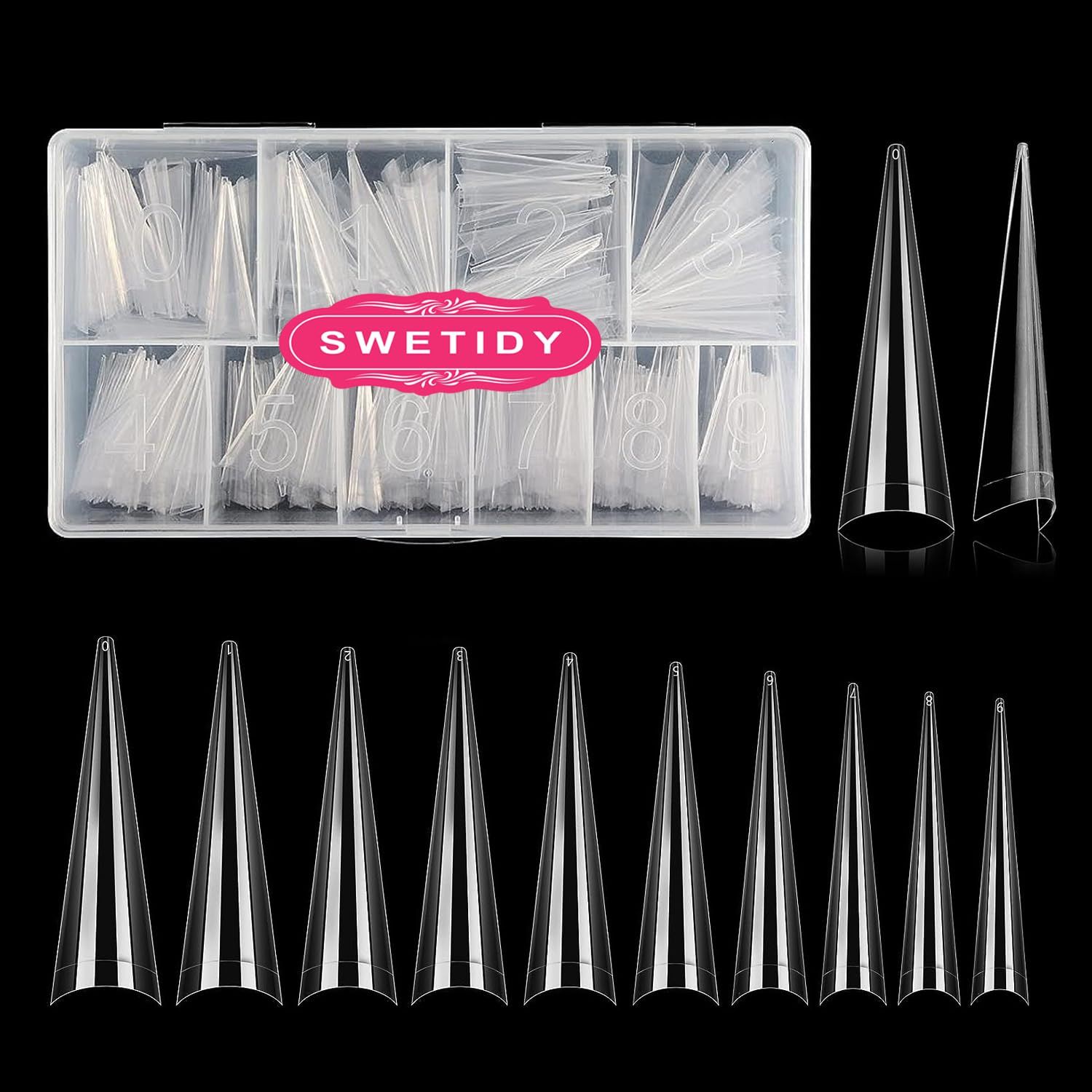 500PCS Stiletto Nail Tips SWETIDY Extra Long Nails Clear Nail Tips Half Cover XL Stiletto Shape Acrylic Pointed Nails for Halloween Salon and Home DIY 10 Sizes with Box