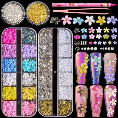4400pcs 3D Flower Nail Charms and Gems, Colorful Flower Charms for Nails Design, 4 Boxes Nail Rhinestones for Nail Art, Pearl Nail Charms and Silver Gold Caviar Beads for Nails w/Wax Pencil Tweezers