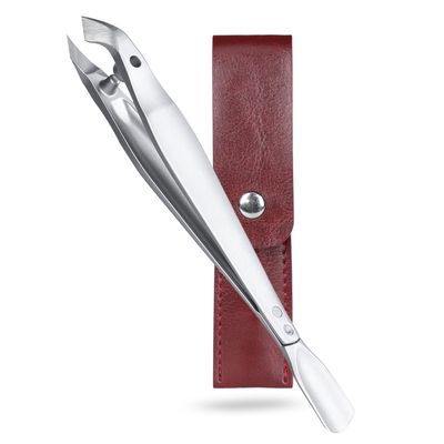 SG Nekoo Tweezers-Style 2-in-1 Cuticle Trimmer &amp; Pusher - Surgical-Grade Stainless Steel, Compact Portable Nail Tool with Leather Case for Precise Hangnail/Cuticle Care (Home, Travel, Salon)