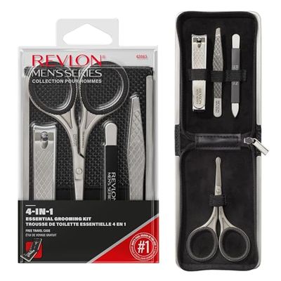Revlon Revlon Mens Grooming Kit, 5-Piece Travel Essentials Set, Includes Nail Clippers, Scissors, File, Tweezers and Carrying Case, Stainless Steel, 1 Pack